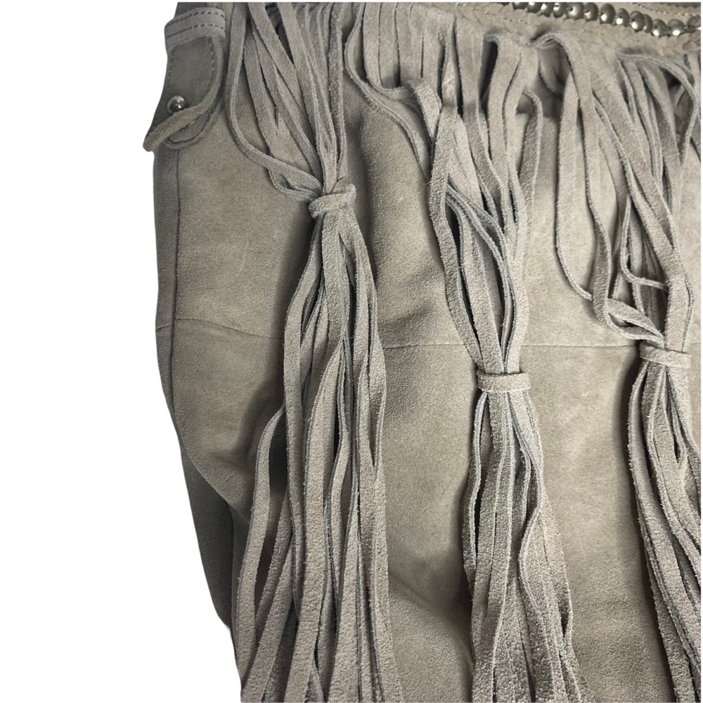 Last Chance….Sondra Roberta Gray Suede Leather Large Fringe Studded Hobo Bag - Picture 10 of 16